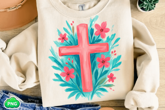 Easter Cross with Florals, Christian PNG